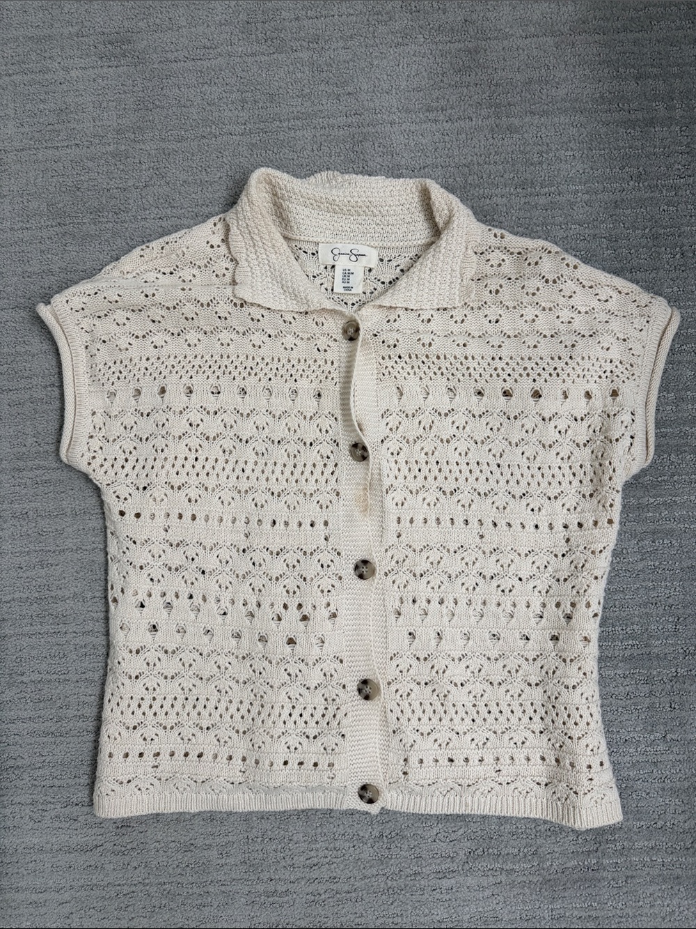Jessica Simpson Cream Open-Knit Short Sleeve Button Cardigan